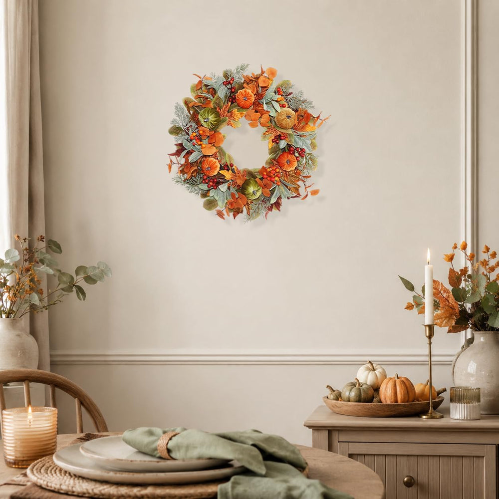 20 Inch Pre-Lit Pumpkin Fall Wreath for Front Door, 30 White LEDs