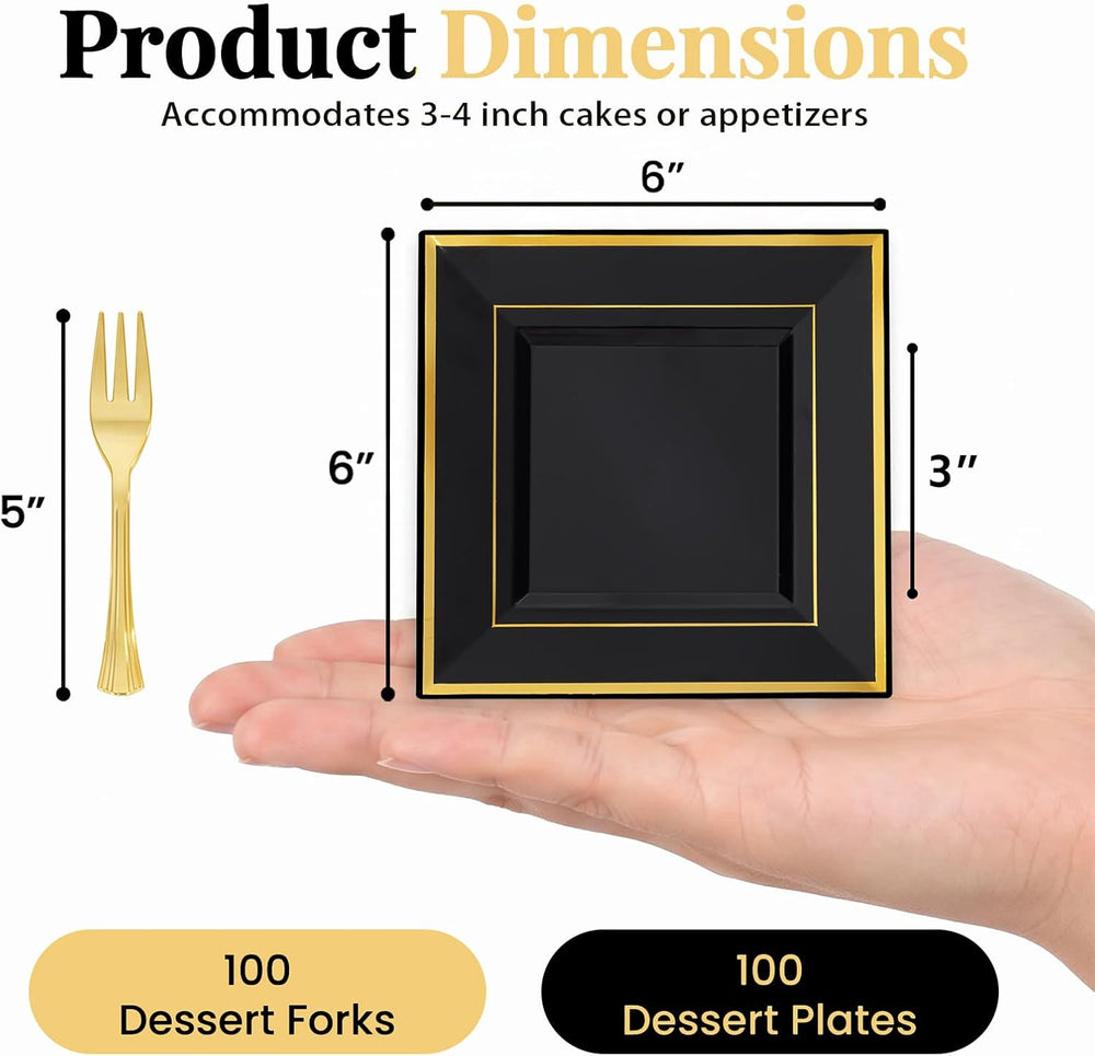 200PCS Black and Gold Plastic Dessert Plates for Halloween Parties