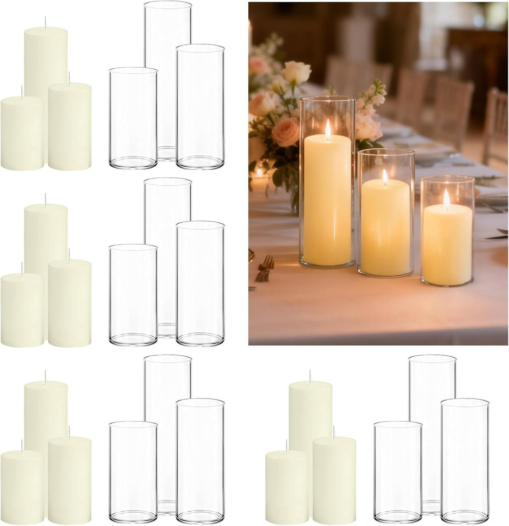 24 PCS Ivory Pillar Candles and Glass Cylinder Vases