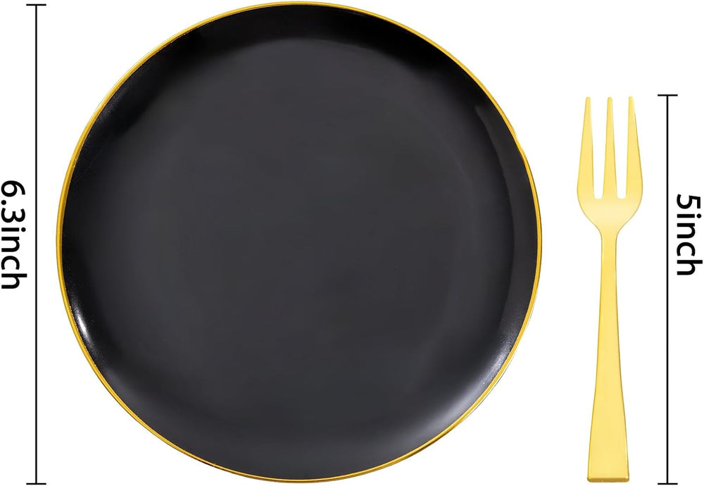 200Pcs Black Gold Dessert Plates 6.3" with Plastic Forks 5"- Small ...