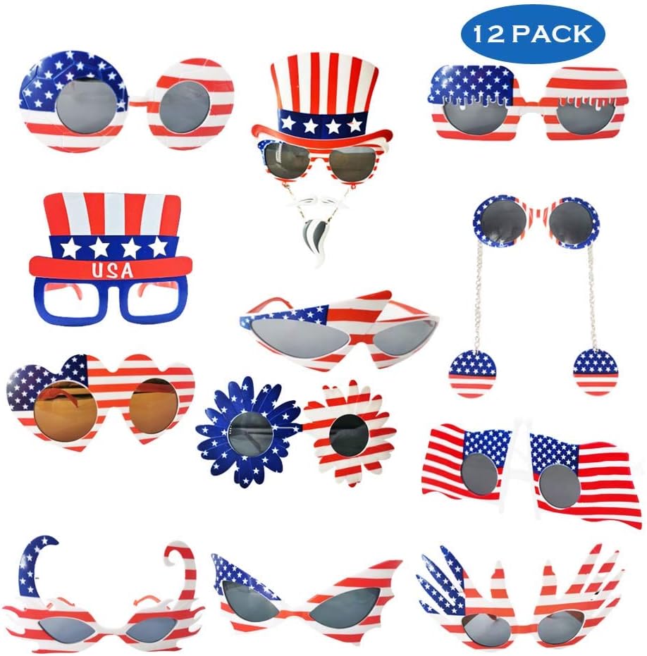 12 American Flag Party Glasses, USA Patriotic Sunglasses Photo Booth Props