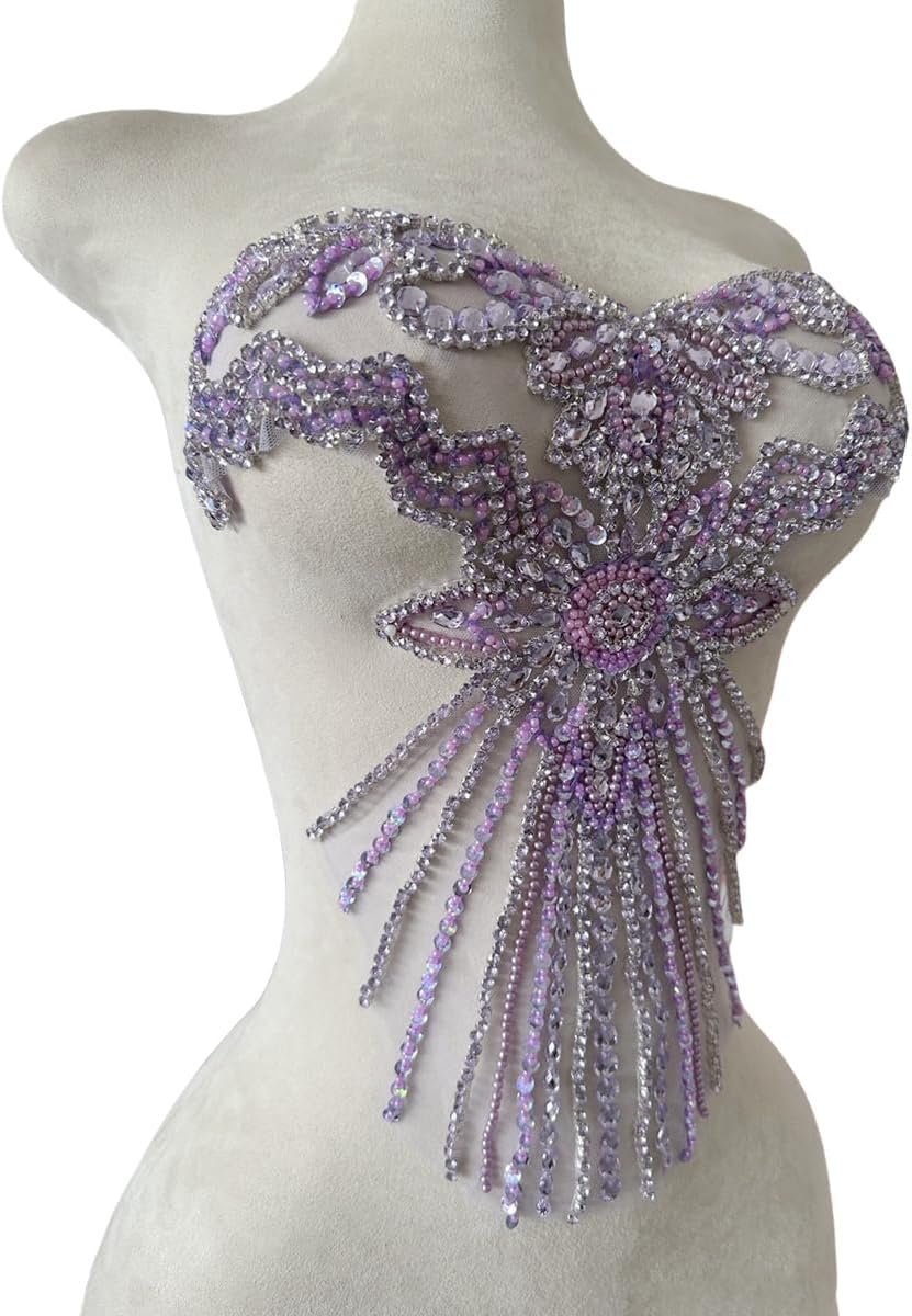 Pure Handmade Bodice lace Rhinestones Applique Sewing Stones Beads Crystal Tr...