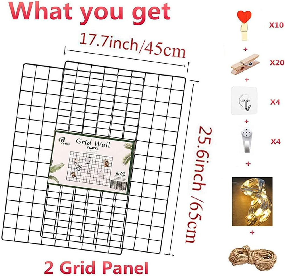 2 Pack Large Wall Grid Panels with Light and Clips, Photo Display Board, Pict...