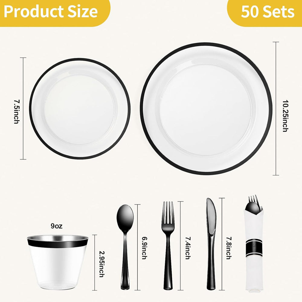 350 Pcs Clear Plastic Plates with Black Rim, Plastic Dinnerware