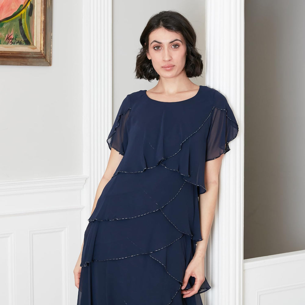 S.L. Fashions Women's Short Sleeve Tiered Cocktail Dress with Beaded Edge