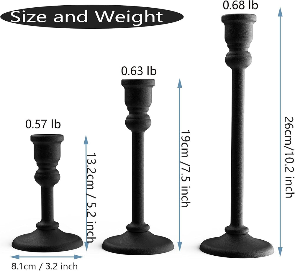 Black Heavy Candlestick Holders Taper Candle Holders Set of 3, Golden Candles...