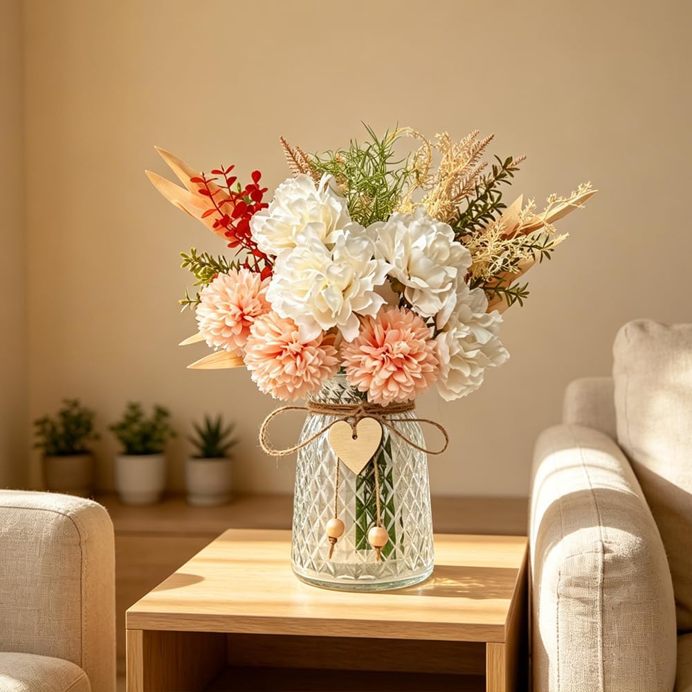 Faux Peony Flowers Arrangement with Vase, 14.5''(Peony White Pink)