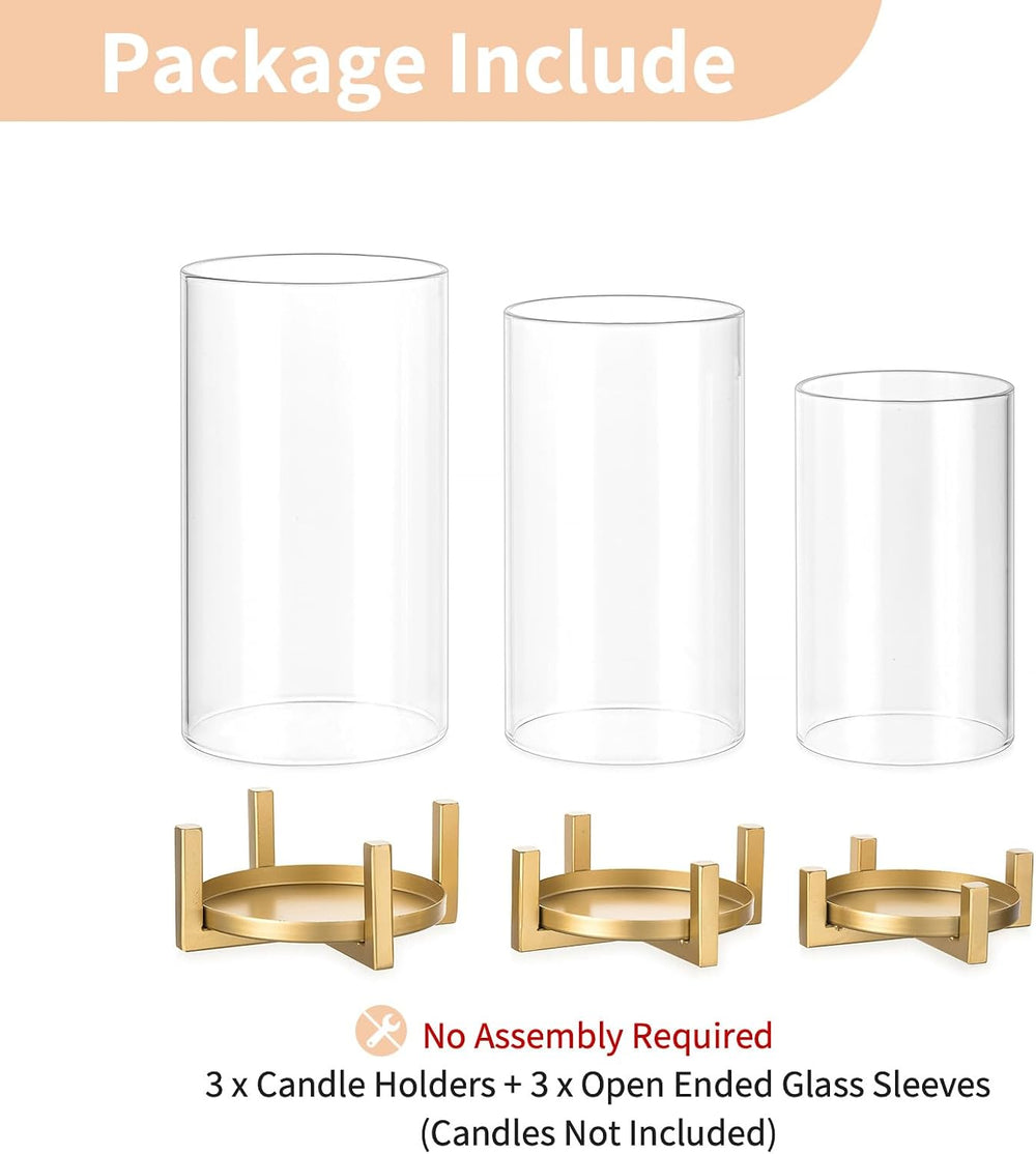 NUPTIO Gold Pillar Candle Holder: Hurricane Glass Candle Stands with Sleeve