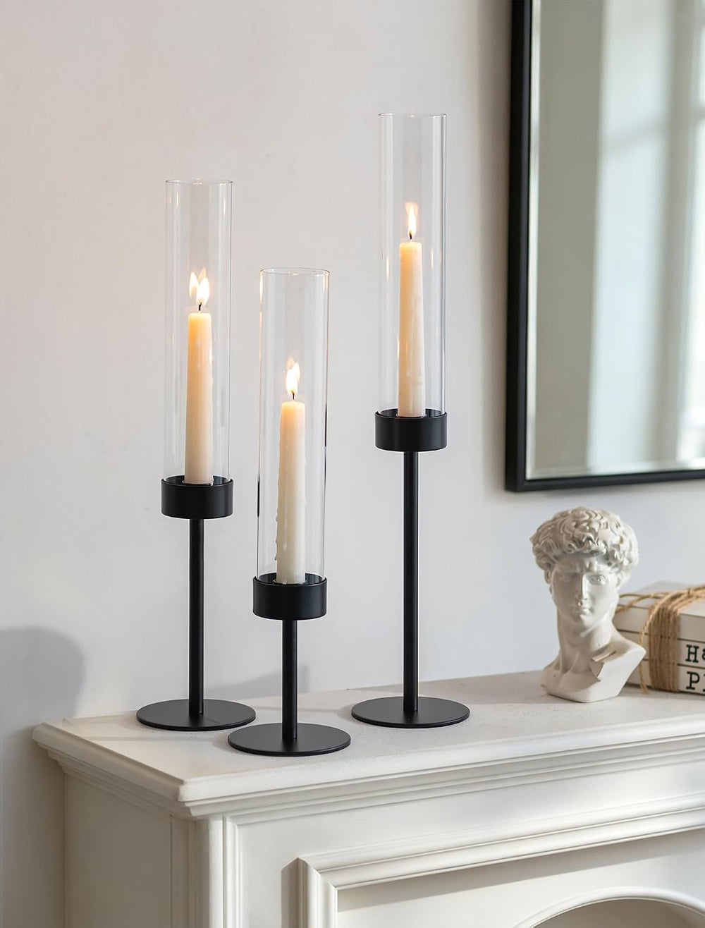 Romadedi Black Metal Hurricane Taper Candle Holders, Set of 3