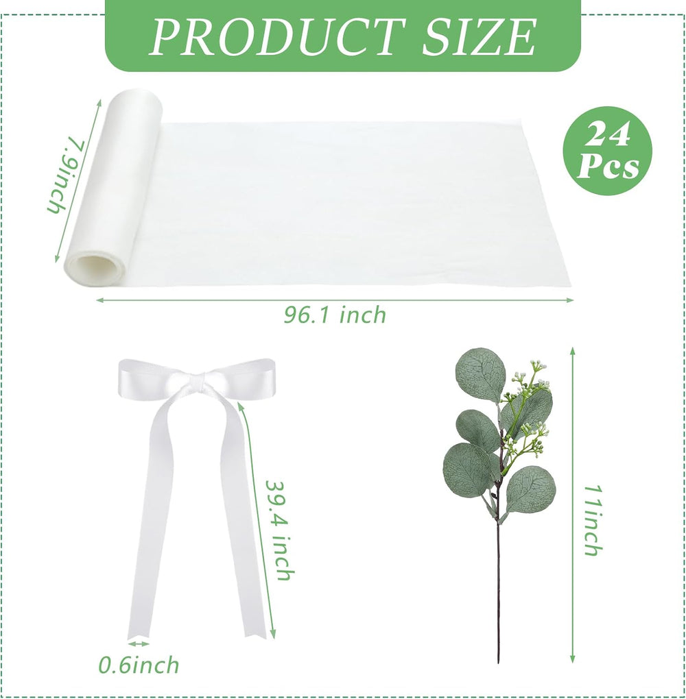 24 Set Wedding Aisle Chair Decorations Pew Bows, Round Eucalyptus
