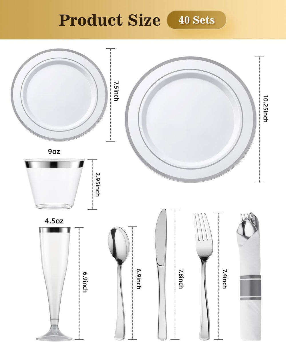 320 PCS Disposable Silver White Plastic Dinner Plate for 40 Guests