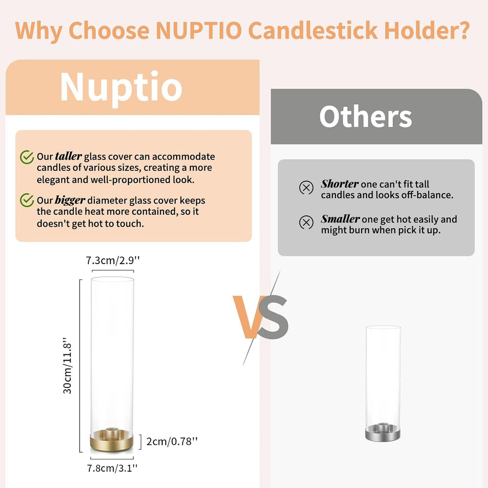 NUPTIO Hurricane Glass Candlestick Holders: 10 Set Bulk Gold Taper Candle Hol...