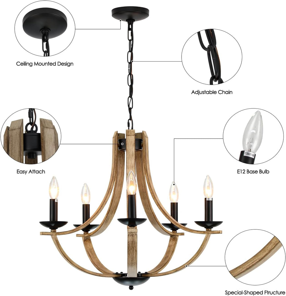 Farmhouse Chandeliers for Dining Room Light Fixture, 5-Light 24 inch Faux Woo...