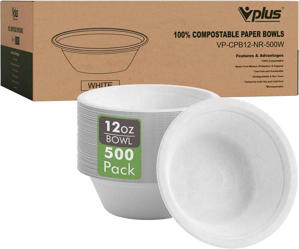 Vplus 500 Pack 12 OZ Compostable Paper Bowls, Bagasse Bowls Bulk,White