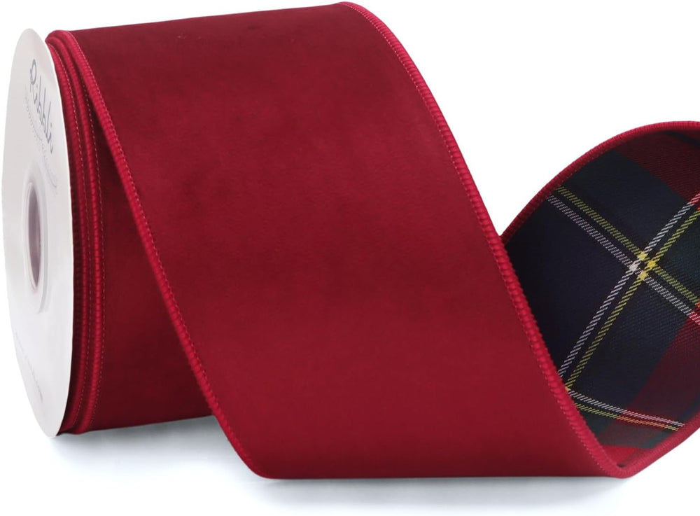 Ribbli Dark Red Velvet with Red Green Navy Tartan Wired Ribbon, 4" x 10Yd