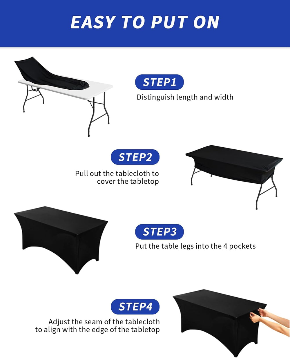 Fixwal 8 Pack 6FT Black Tablecloth Rectangle Spandex Fitted Table Cover