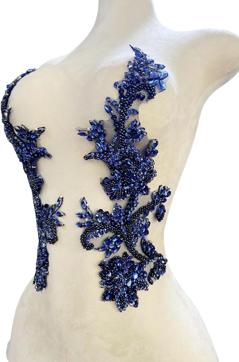 Handmade Rhinestones Bodice lace Applique handsewing Beads Sequins Trim Patch...