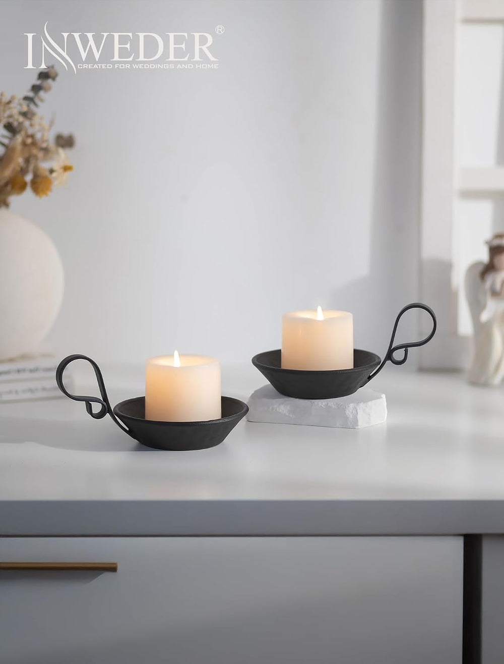 Iron Pillar Candle Holder: Vintage Black Candle Plate with Handle