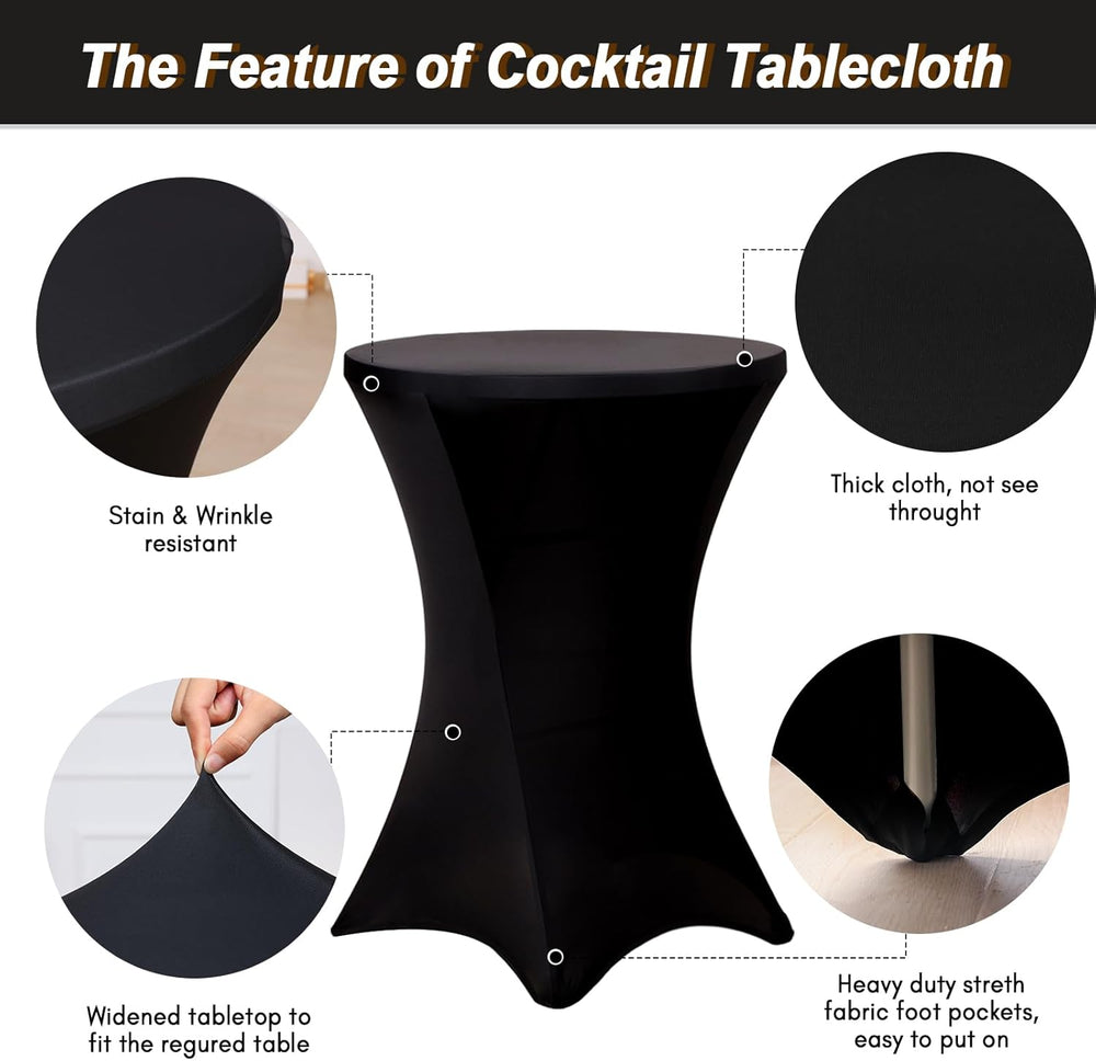 Fixwal 4 Pack Cocktail Tablecloth Bar Top Table Covers Round Black Spandex
