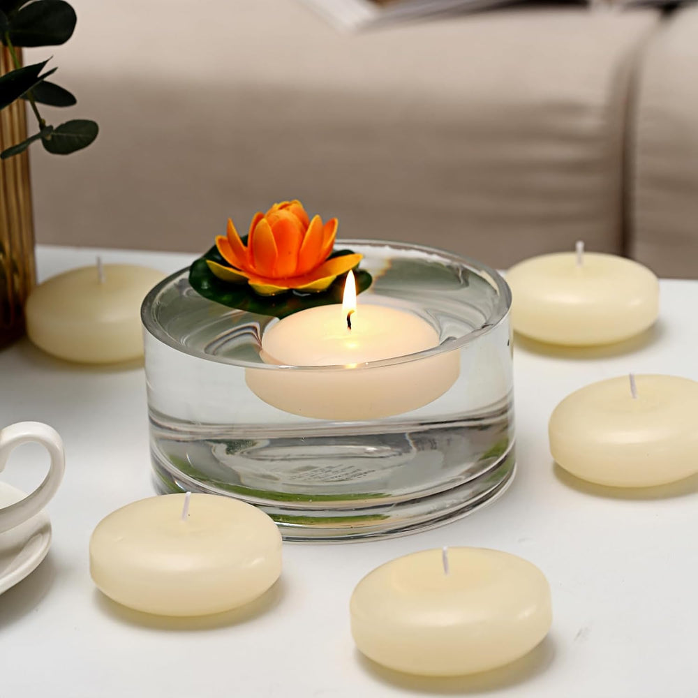36 Pack Floating Candles, 3” Ivory Unscented Dripless Wax Burning Candles, fo...