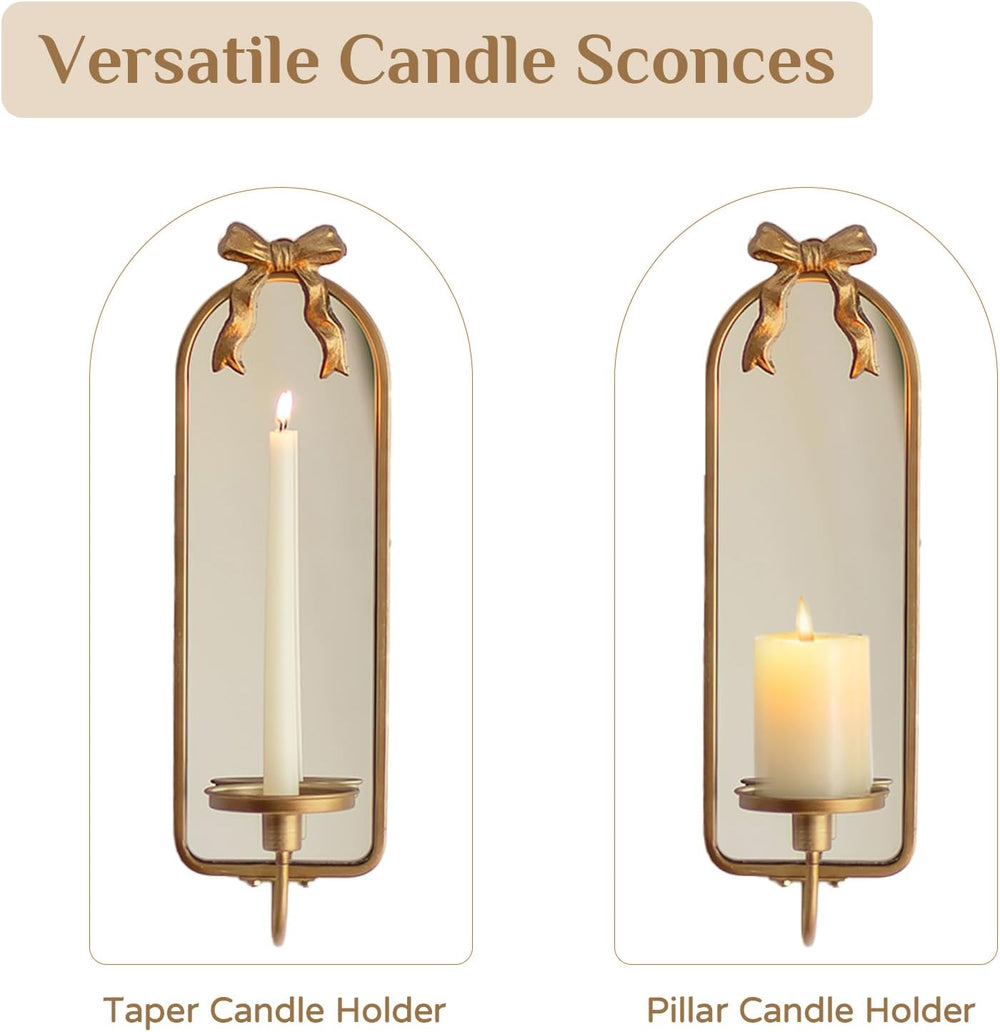 Gold Mirrored Candle Sconces Set of 2 with Arch Metal Frame
