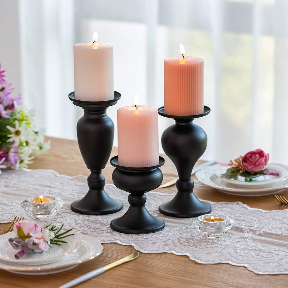 Sziqiqi Pillar Candle Holders Set of 3 Black for Table Mantle Fireplace Decor...