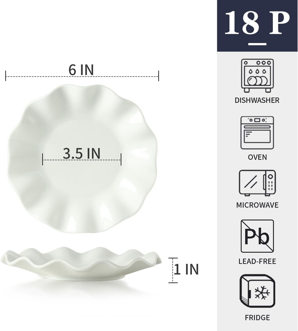 6 Inch Porcelain Appetizer Plates White Wave Rim Set of 18