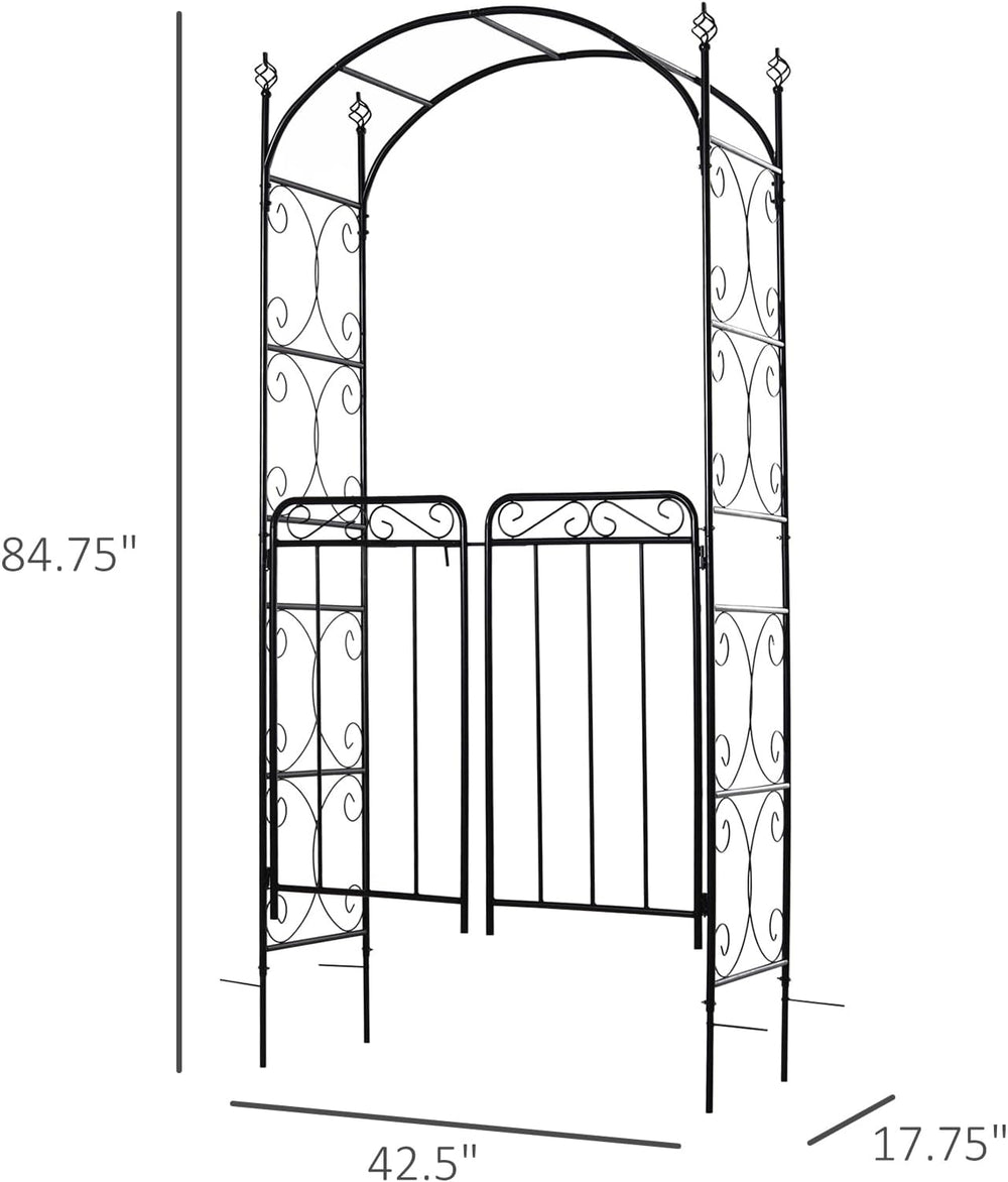 Outsunny 84" Garden Arch Arbor with Gate Metal for Climbing Vines Black