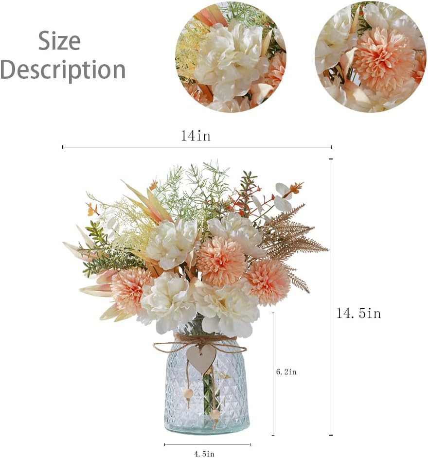 Faux Peony Flowers Arrangement with Vase, 14.5''(Peony White Pink)