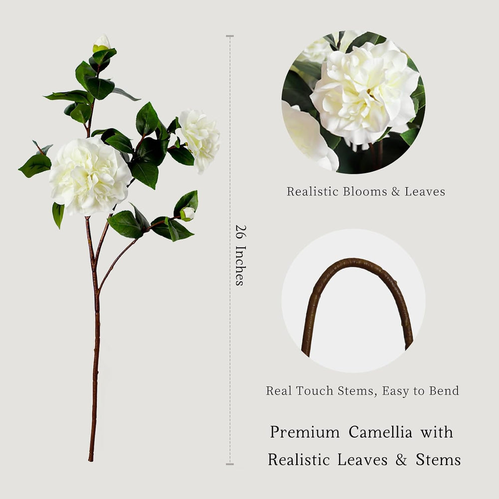 KBREE 26” Artificial White Flowers, 4Pcs Cream White Camellia Flowers, Long F...