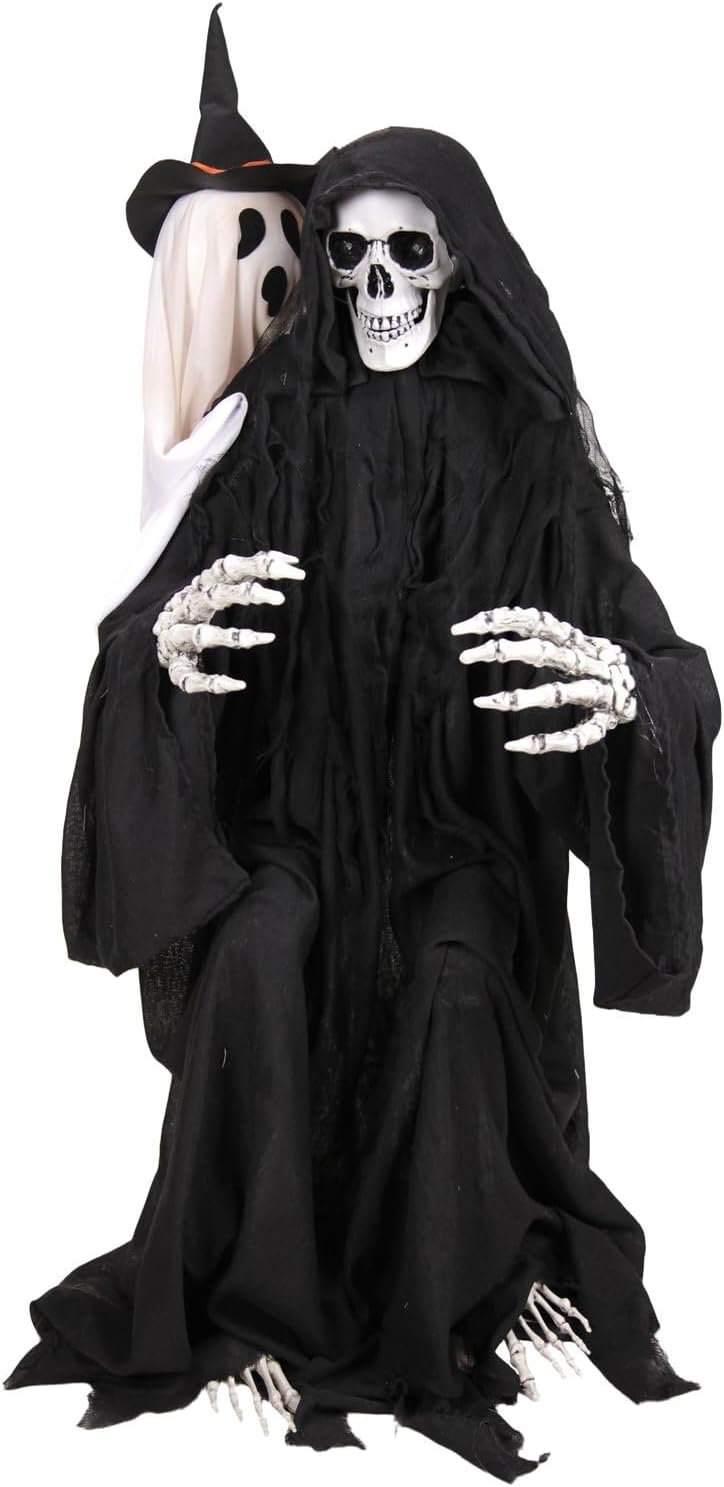 Haunted Hill Farm 3.9-Ft. Sitting Reaper w/Hide and Seek Ghost Animatronic