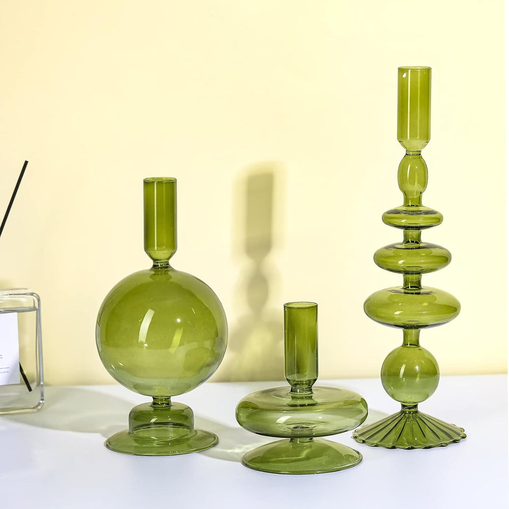 Rtteri 3 Pcs Glass Candle Holder Candlesticks Holders, Green