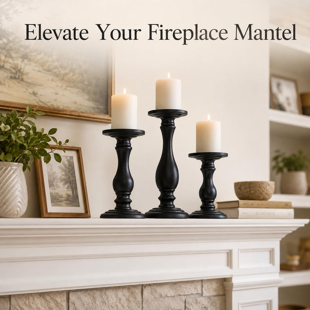 Matte Black Pillar Candle Holders Set of 3-10", 8", 6”H Candlestick...