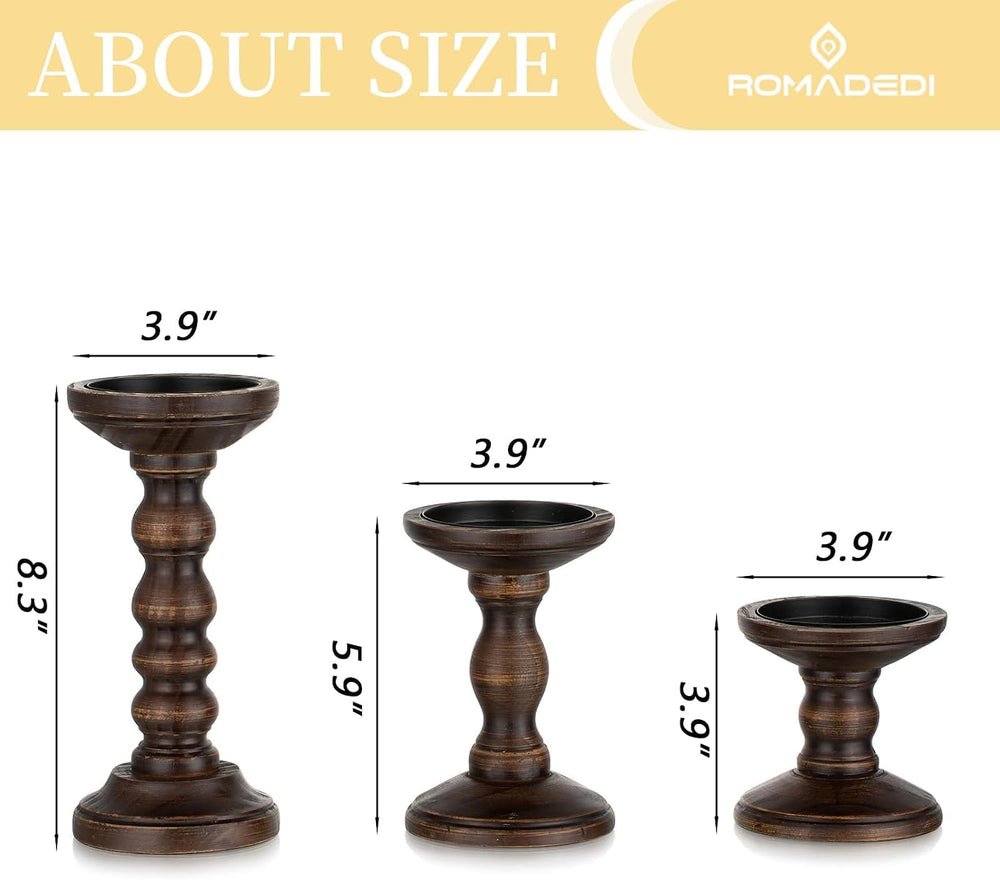 Romadedi Wood Candle Holders for Pillar, Dark Brown, Set of 3