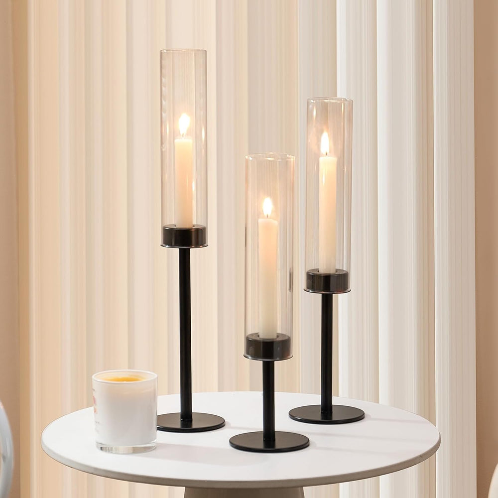 Black Hurricane Glass Candle Holders Set of 6 Tall Taper Candlestick Holder