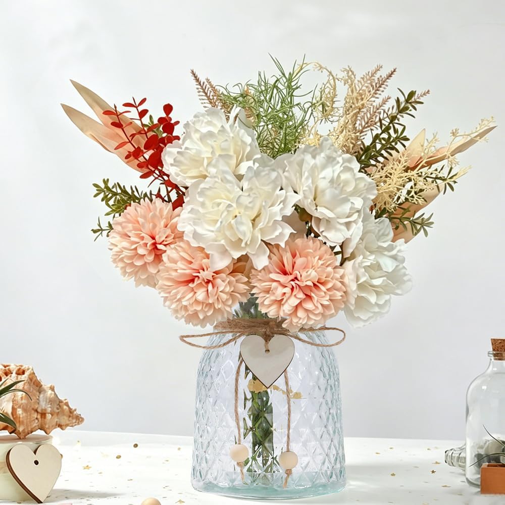 Faux Peony Flowers Arrangement with Vase, 14.5''(Peony White Pink)
