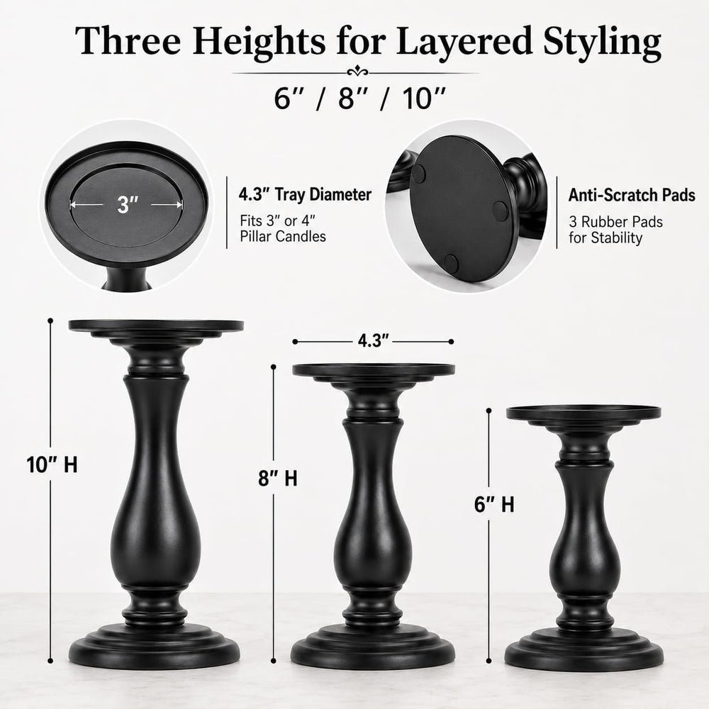Matte Black Pillar Candle Holders Set of 3-10", 8", 6”H Candlestick...