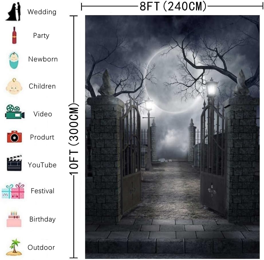 INRUI Halloween Cemetery Full Moon Haunted Photography Backdrop (8x10FT)