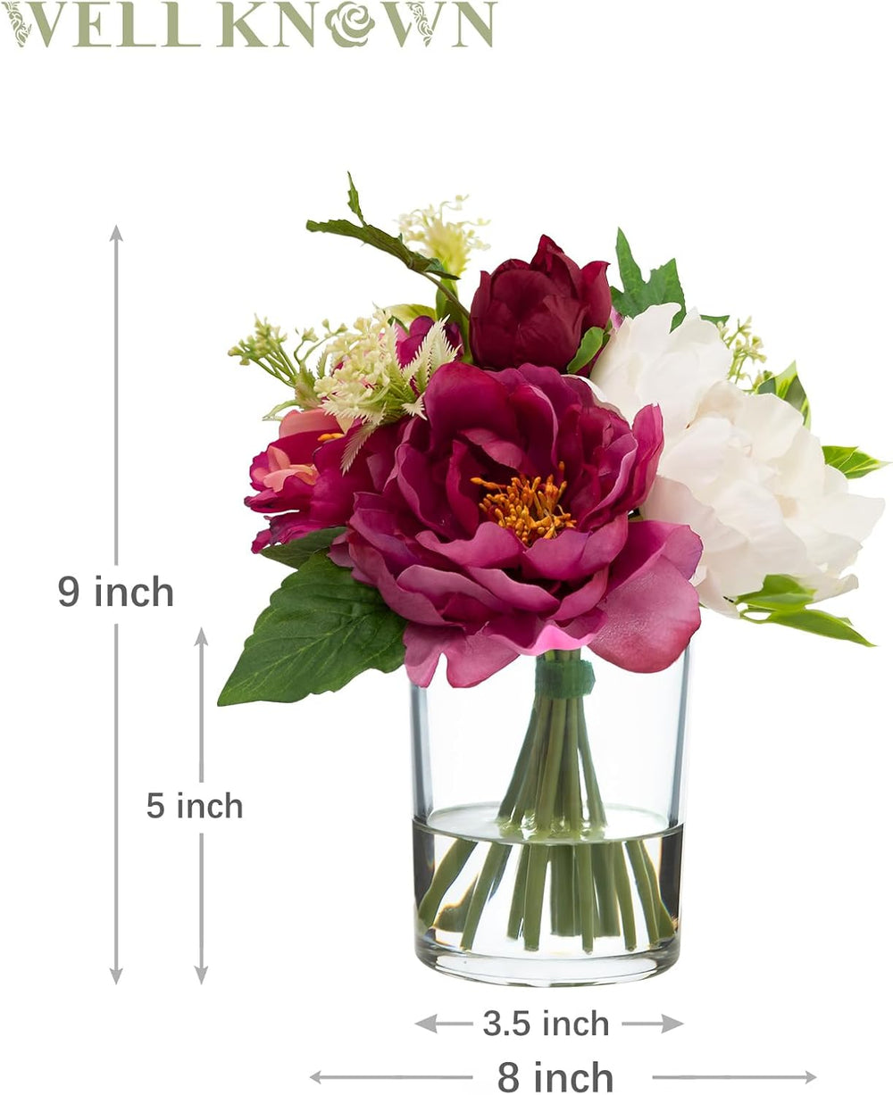 WELL KNOWN Artificial Flowers in Glass Vase with Fake Water, Silk Peony Flowe...