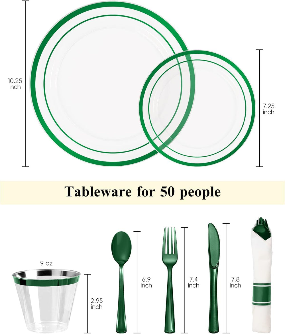 350 Pcs Clear Green Disposable Plastic Plates, Dinnerware Sets