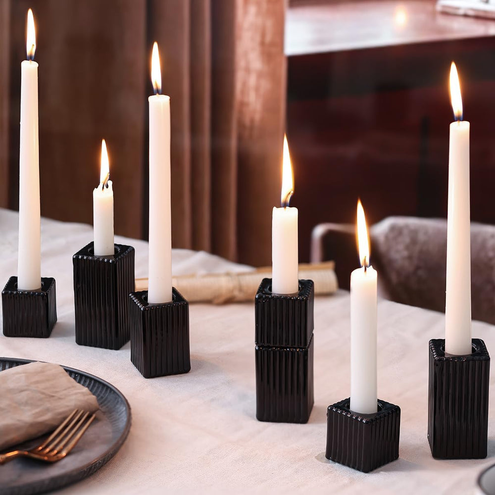 LETINE 12pcs Black Vertical Stripe Glass Candlestick Holders - Chic Taper Can...
