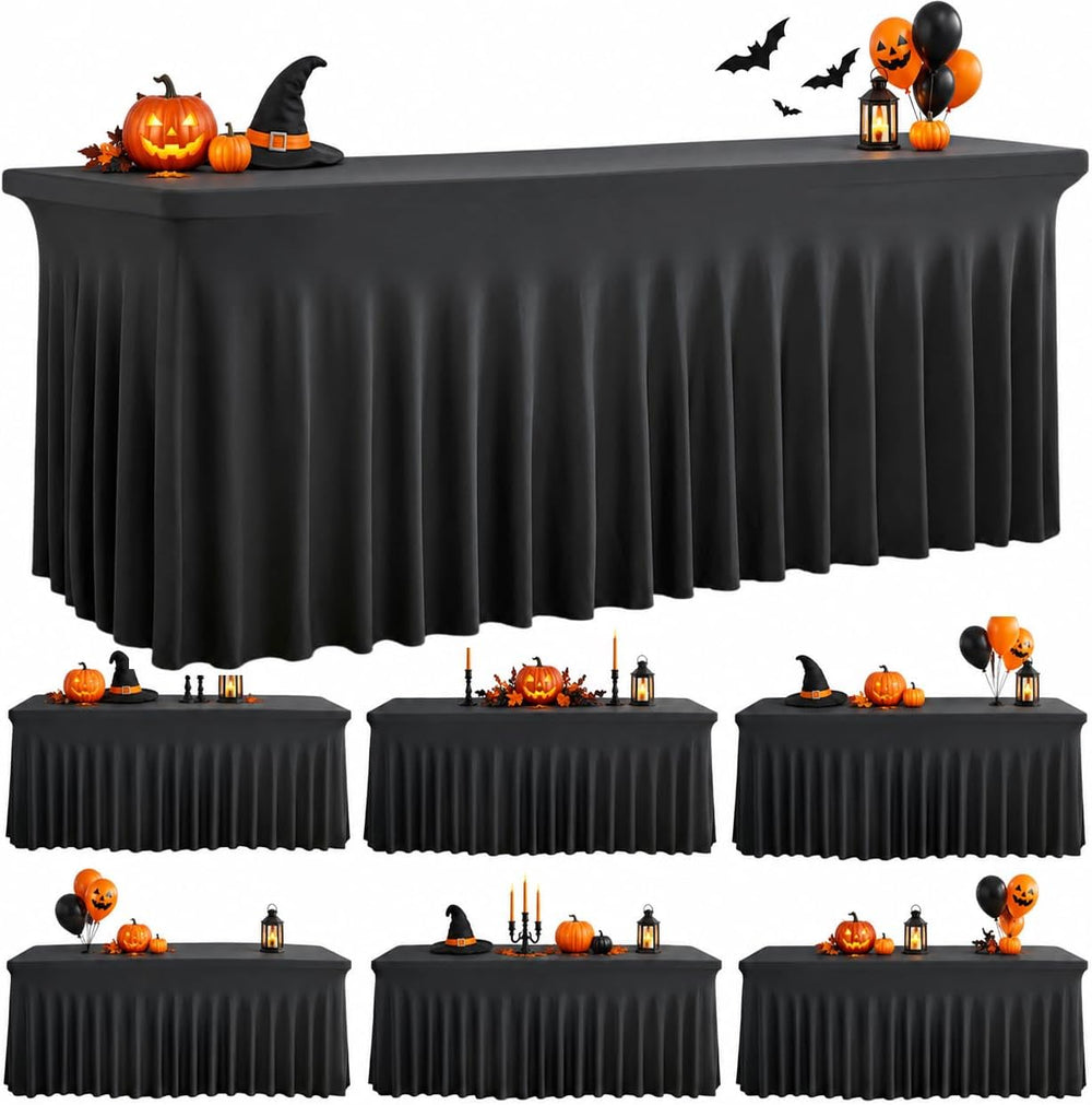 Spandex Tablecloth 6FT Rectangle Table Cover 6 Pack Black Wrinkle-Free