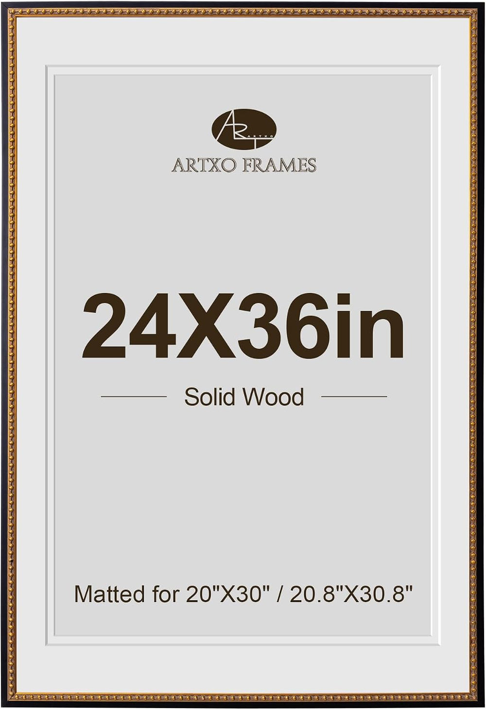 ArtXO 24x36 Picture Frame Black Gold Wood, 2 Mats Wall Mount