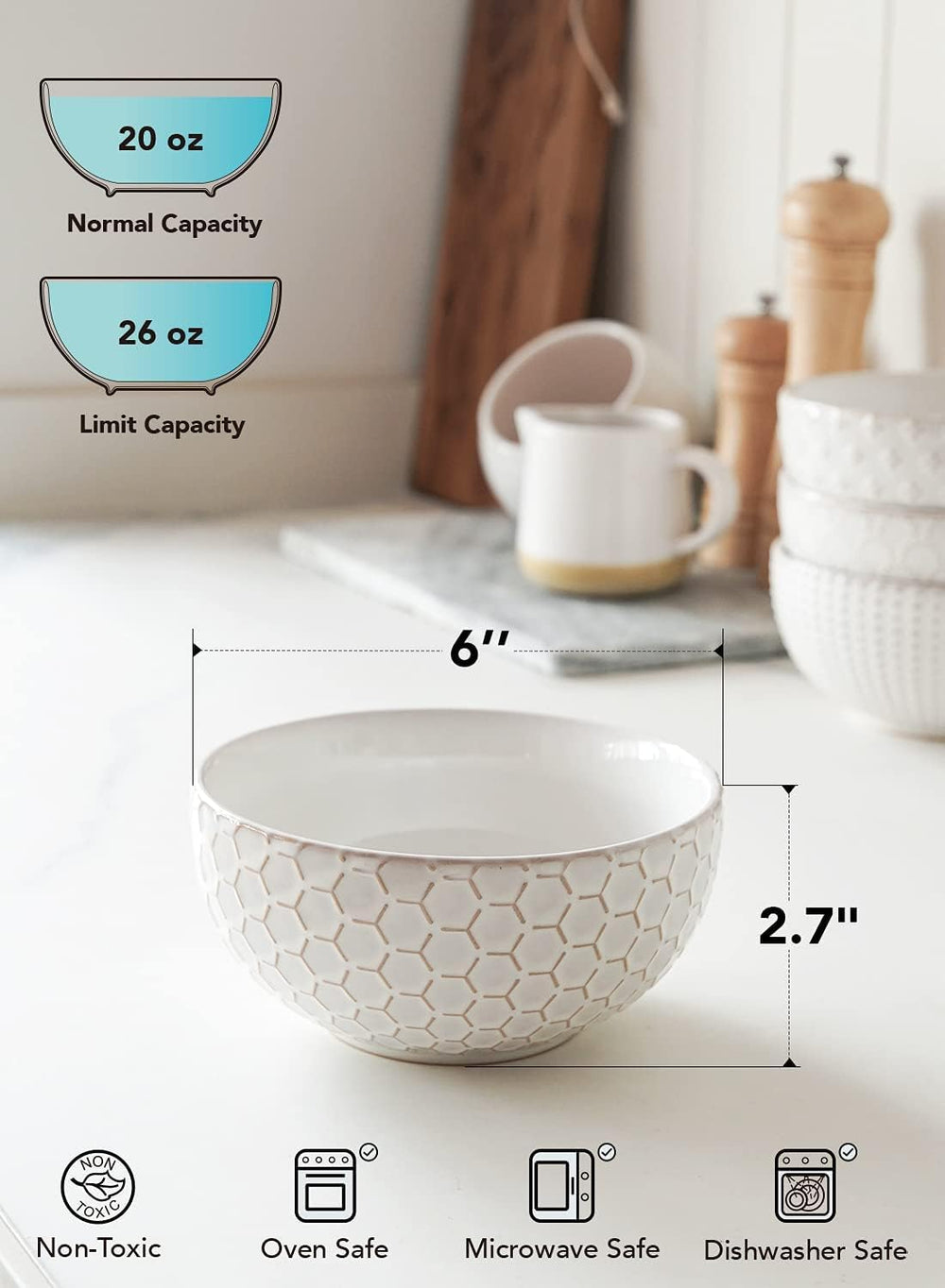 LE TAUCI Cereal bowls 26 oz, Ceramic Soup Bowl for Kitchen, Embossment Stonew...