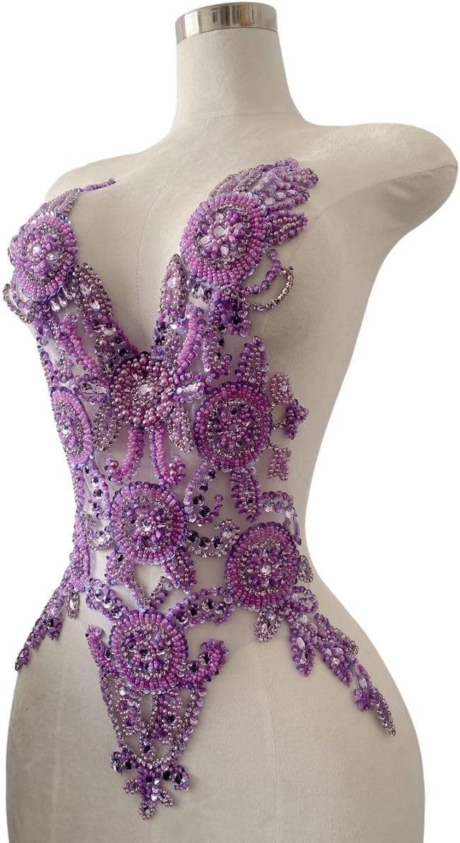 Pure Handmade Bodice lace Rhinestones Applique Sewing Stones Beads Crystal Tr...