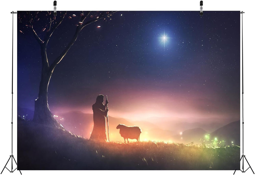 BELECO 12x10ft Fabric Bible Scene Shepherd and Sheep Backdrop Star of Bethleh...
