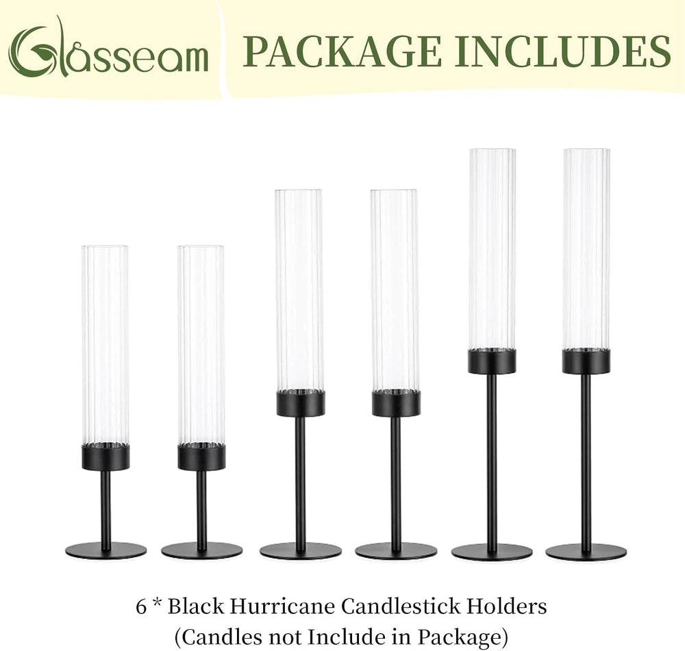 Glasseam Black Candlestick Holders, 6Pcs Fluted Glass Hurricane with Taper