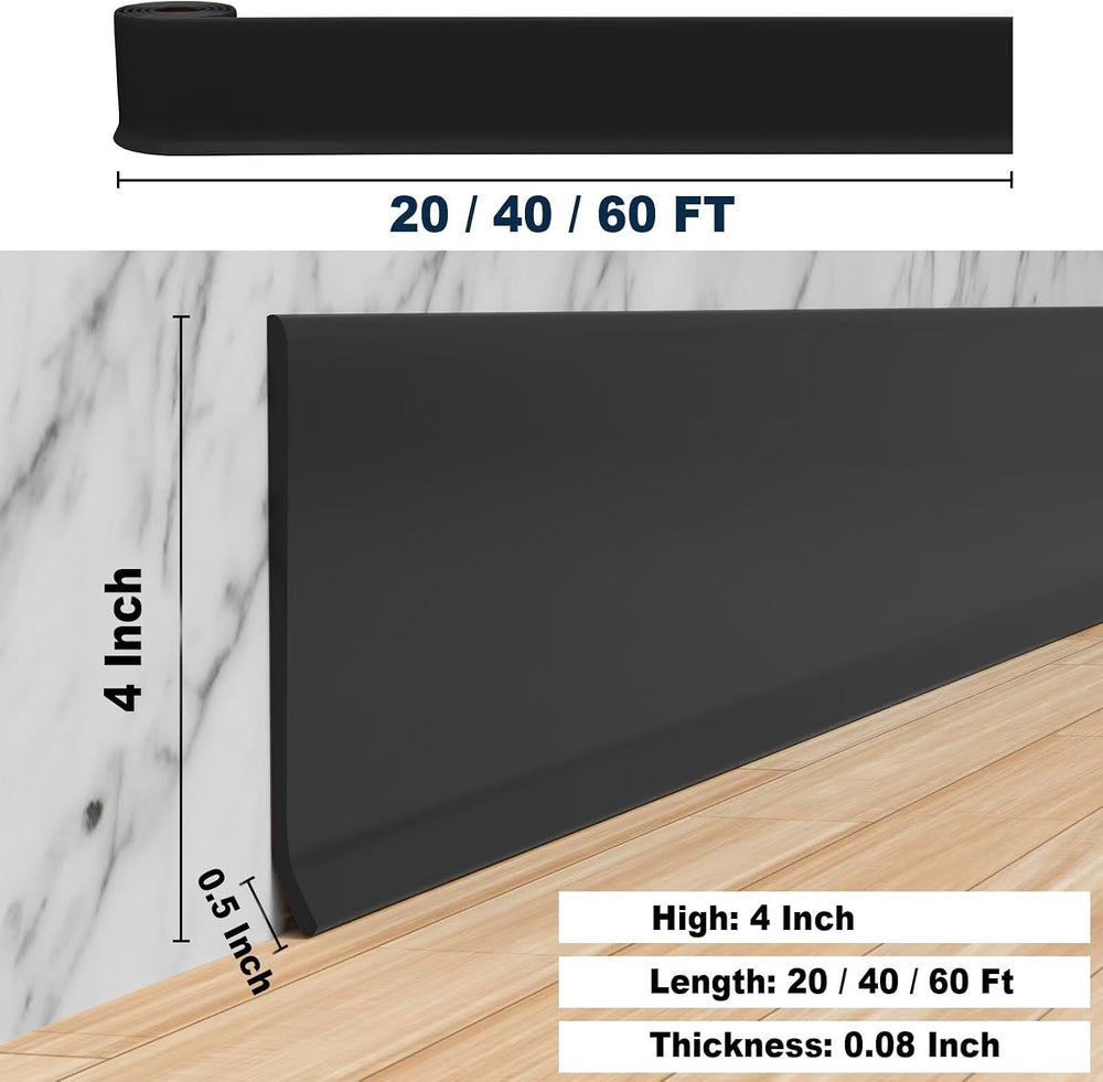 Duzzy Flexible Baseboard Molding Trim, 4 Inch(W) x 60 Feet(L) Peel and Stick ...