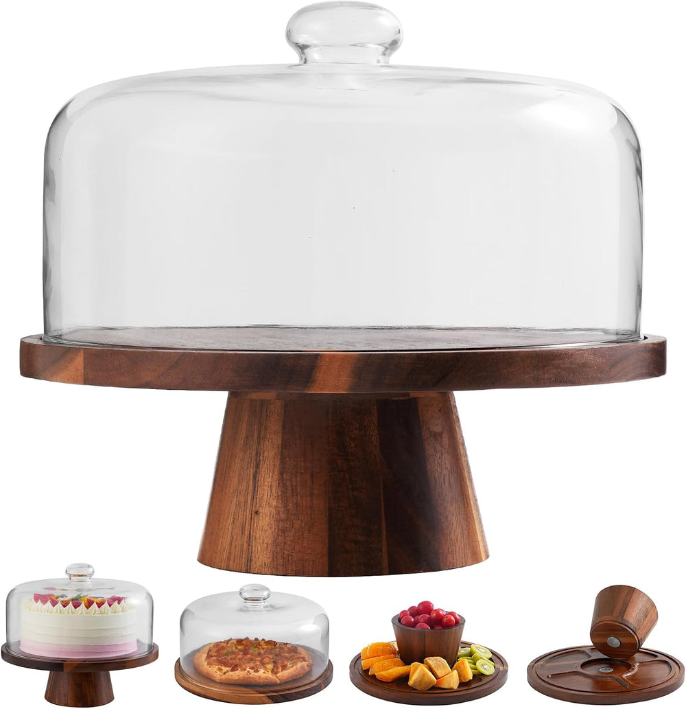Acacia Wood Cake Stand with Glass Lid–12" Magnetic Base for Parties&...