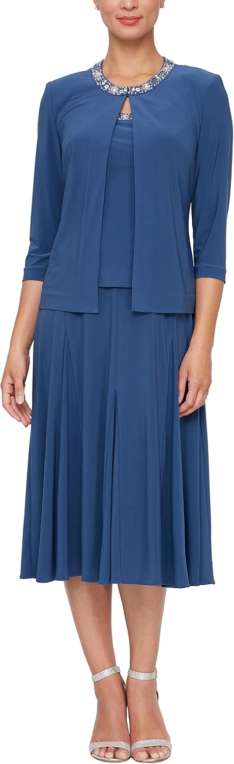 Alex Evenings Women's 2 Piece Tea Length Jacket Dress with Sequin Beaded ...